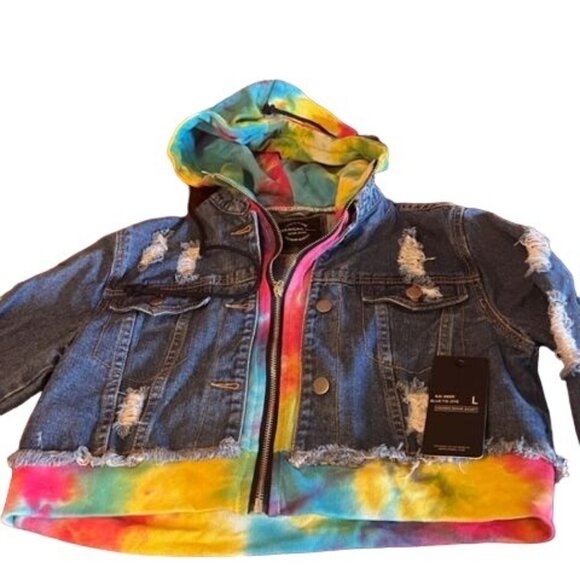 American Bazi Hooded‎ Denim women Jacket With Tie-Dye Trim cropped distressed - Picture 6 of 6